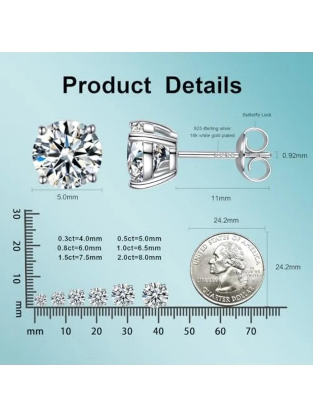 Stunning Round Cut Moissanite Stud Earrings, D Color VVS1, 18K White Gold Plated